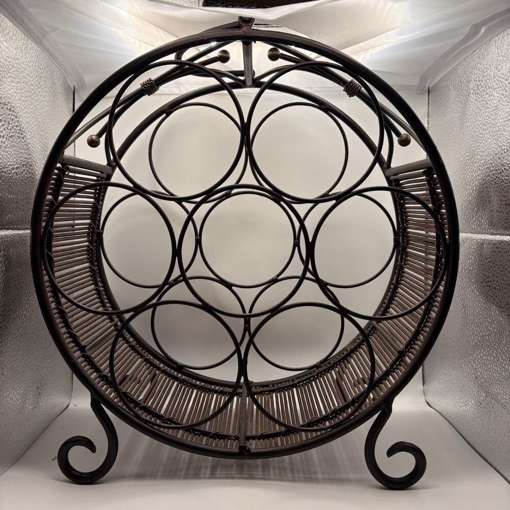 Elegant Round Wrought Iron Rattan Tabletop Wine Rack, Footed 7 Bottle
